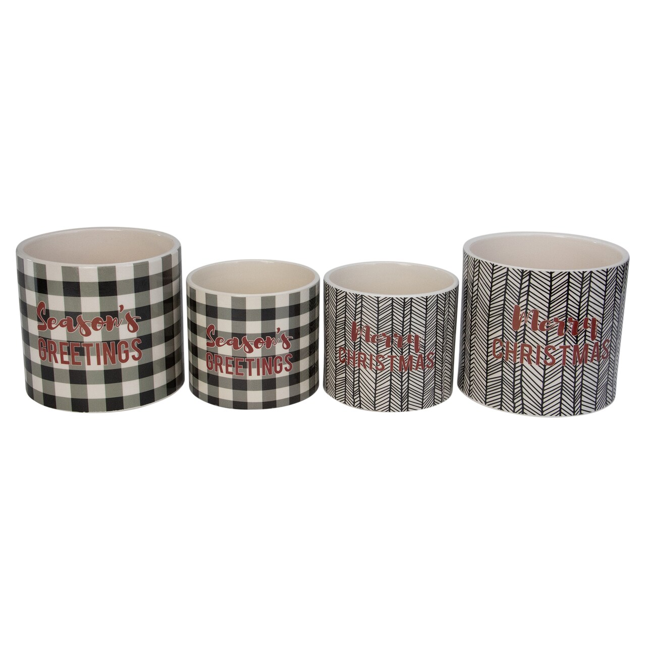 Melrose Set of 4 White and Black Holiday Slogan Printed Christmas Pots 6"